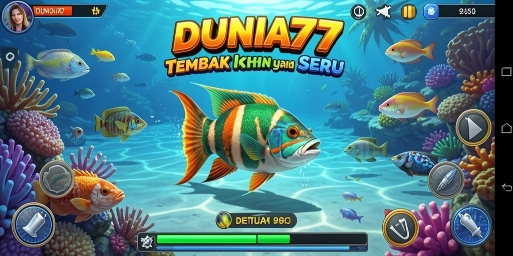 Tangkapan layar utama DUNIA77 menampilkan aksi seru menembak ikan.