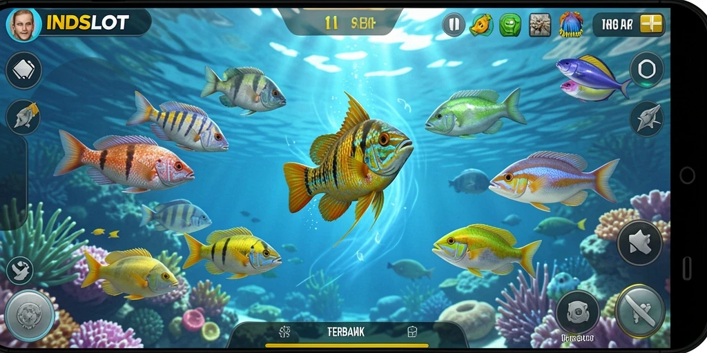 Screenshot gameplay INDSLOT menampilkan perburuan ikan yang seru.
